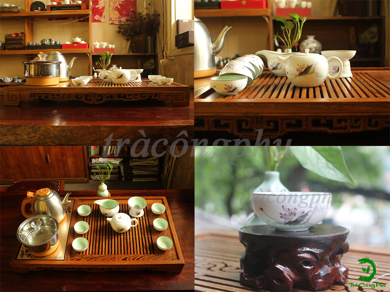 Bộ ấm chén bao gồm 1 ấm và 6 chén, 1 tống chuyên trà, 01 phễu lọc